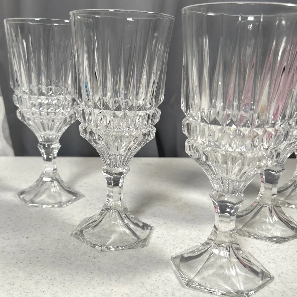 Fostoria Heritage Clear Glass Crystal Water Goblets Hexagon Diamond Wedge Set/5